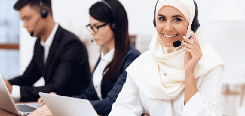 Contact center employee smiling