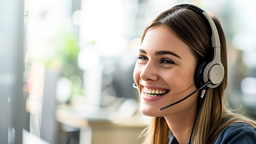 Woman with headset and mic in office call center
