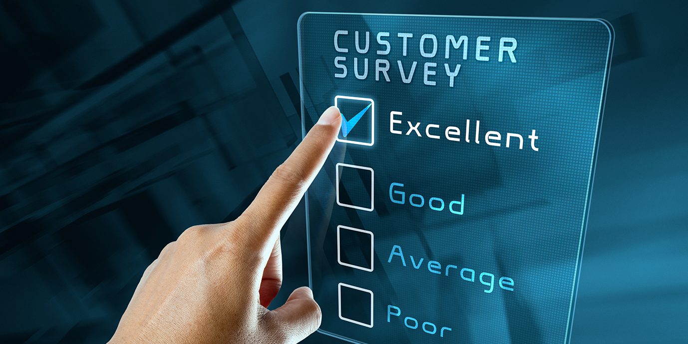 Hand with pointed finger touching Excellent choice on customer survey.
