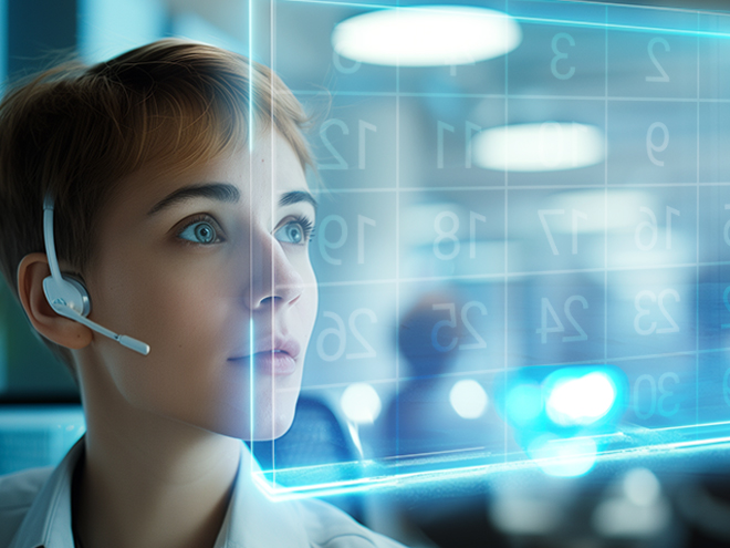 scheduling - woman with headset & mic looking at virtual scrren