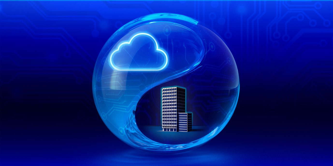 yin-yang style illustration with two halves - One half, grounded, structured (on-prem), the other half, light, digital, floating cloud.