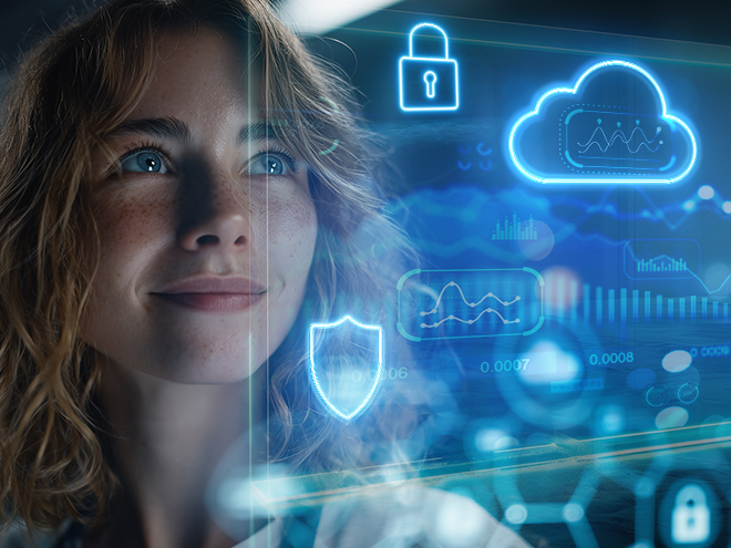 data-center representation - woman watching virtual screen