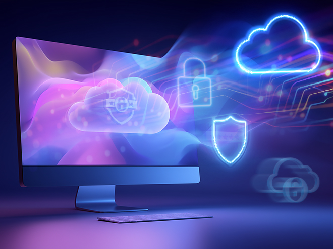 Marketecture - monitor showing cloud and security graphics