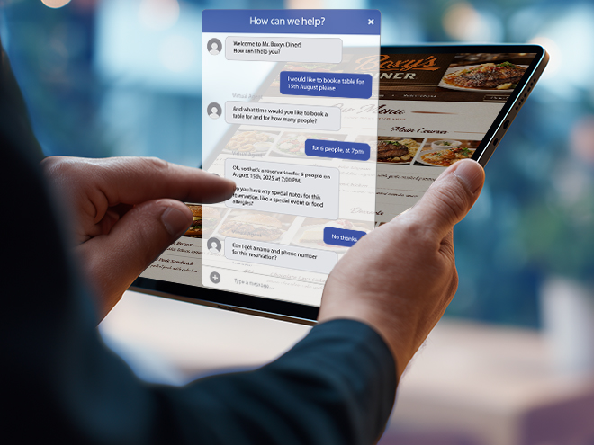 A virtual chatbot screen pops out of a tablet.