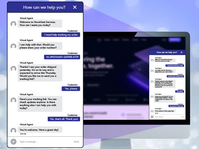 Virtual Agent chat widget showing messages with client.